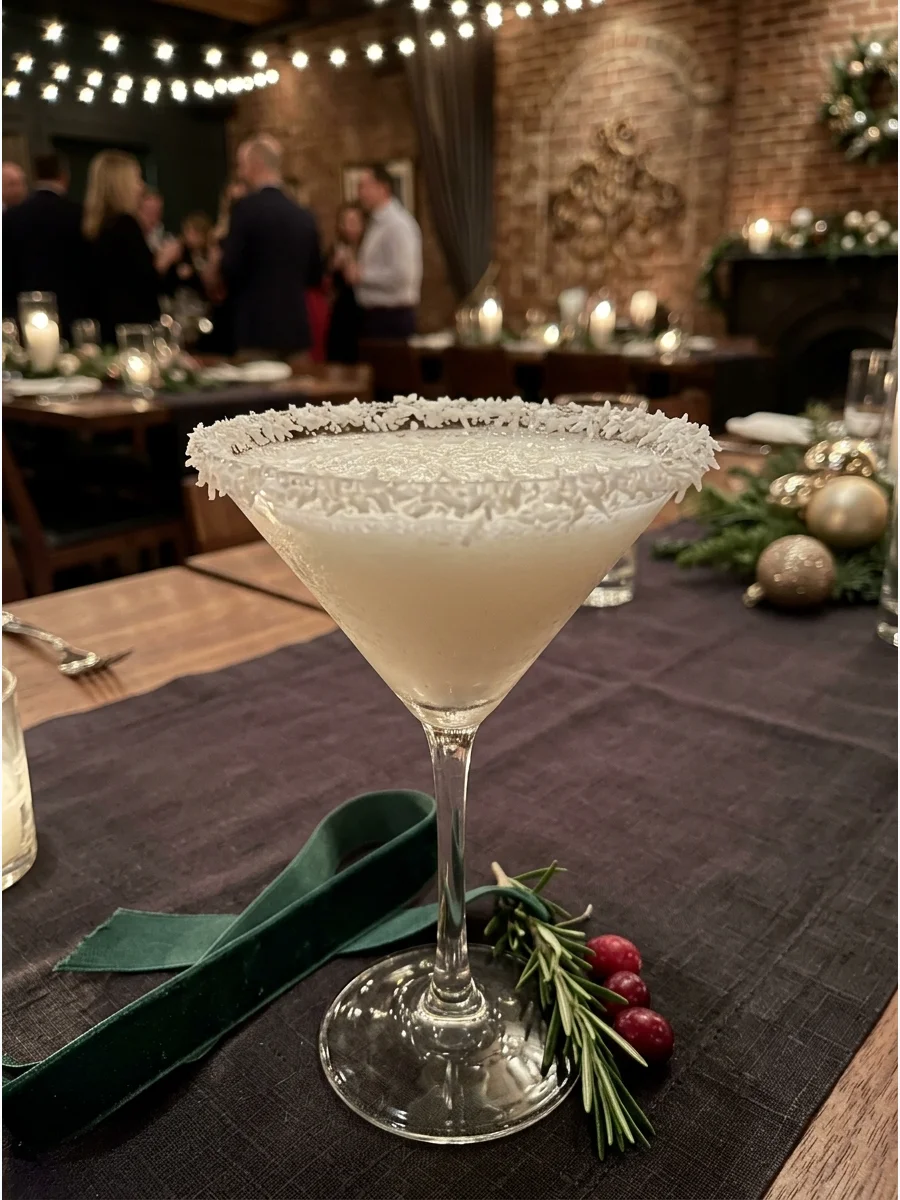White chocolate martini with a coconut rim.