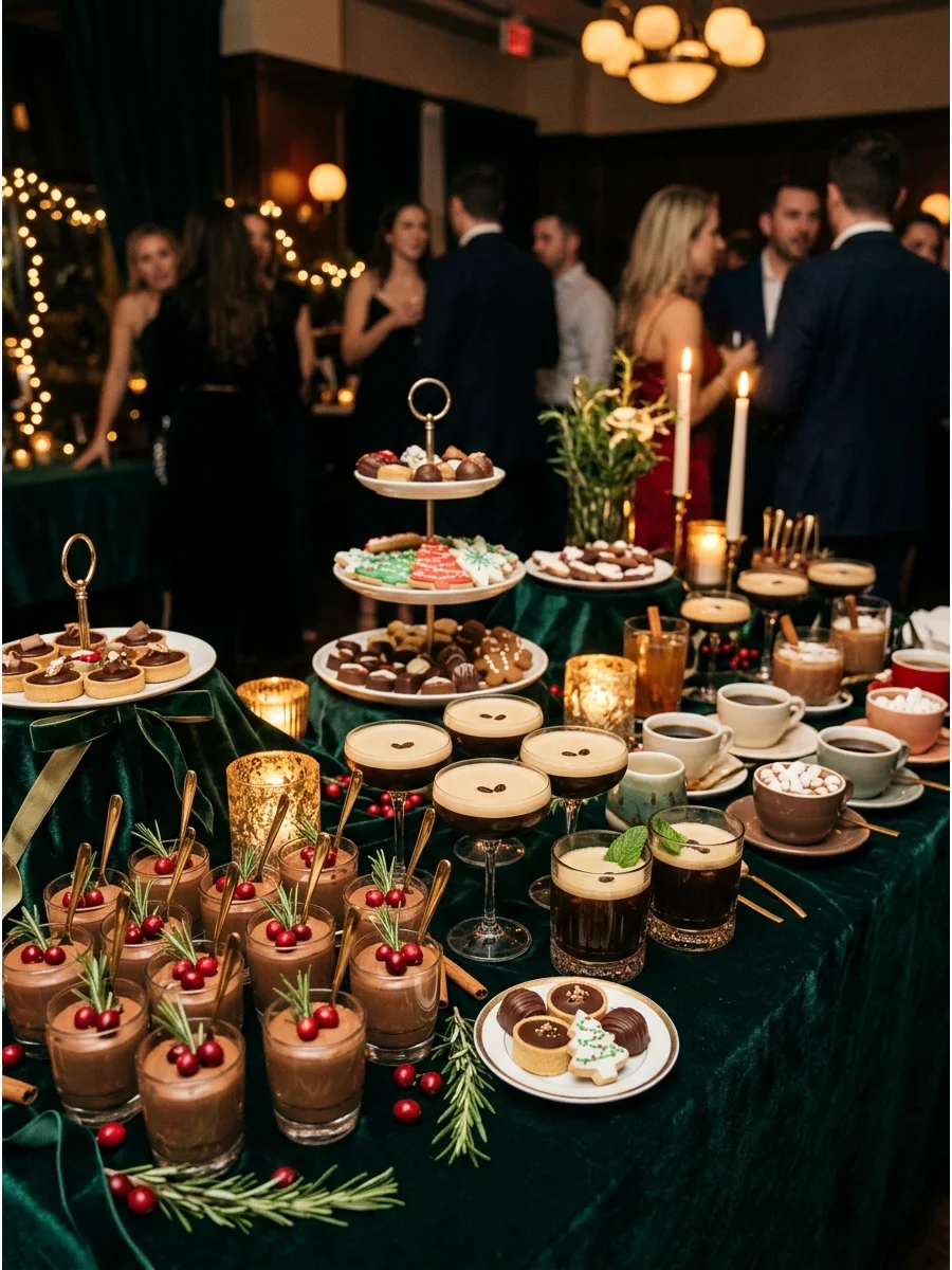 A dessert and cocktail station with mini sweets.