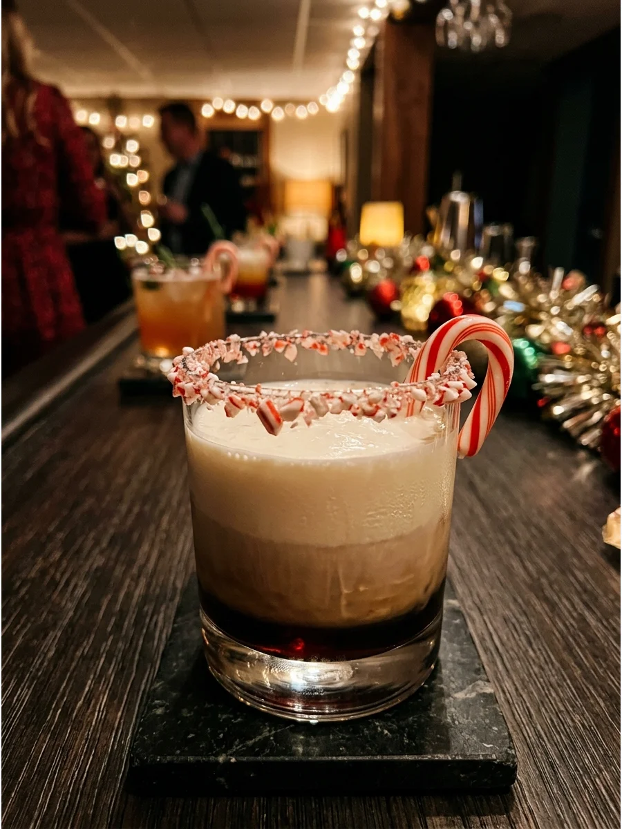 Peppermint White Russian cocktail with a candy cane.