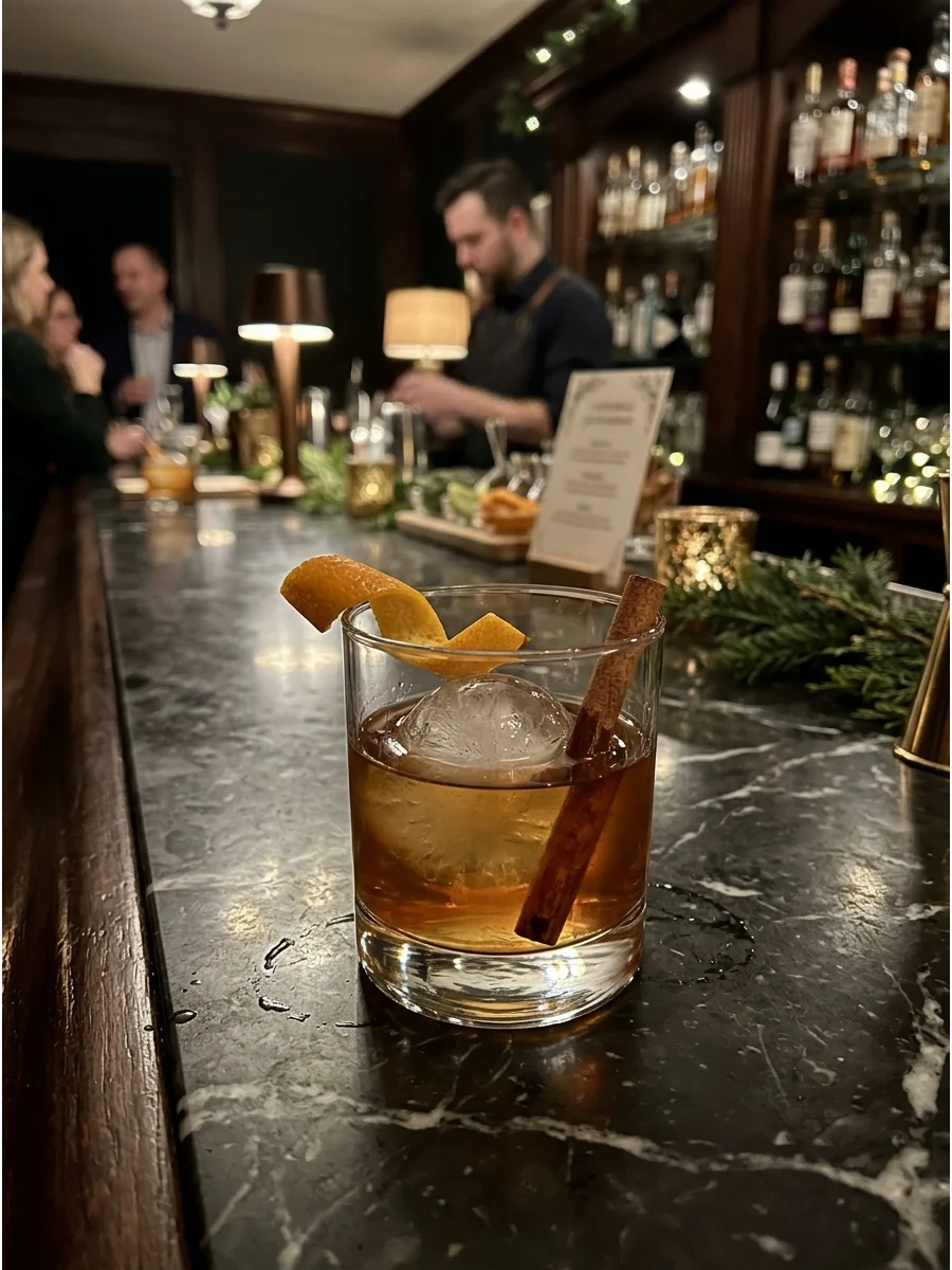 Gingerbread flavored old fashioned cocktail with a cinnamon stick.