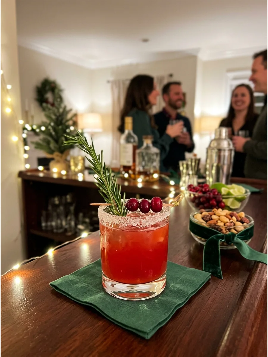 Red holiday margarita with mistletoe-style garnish.