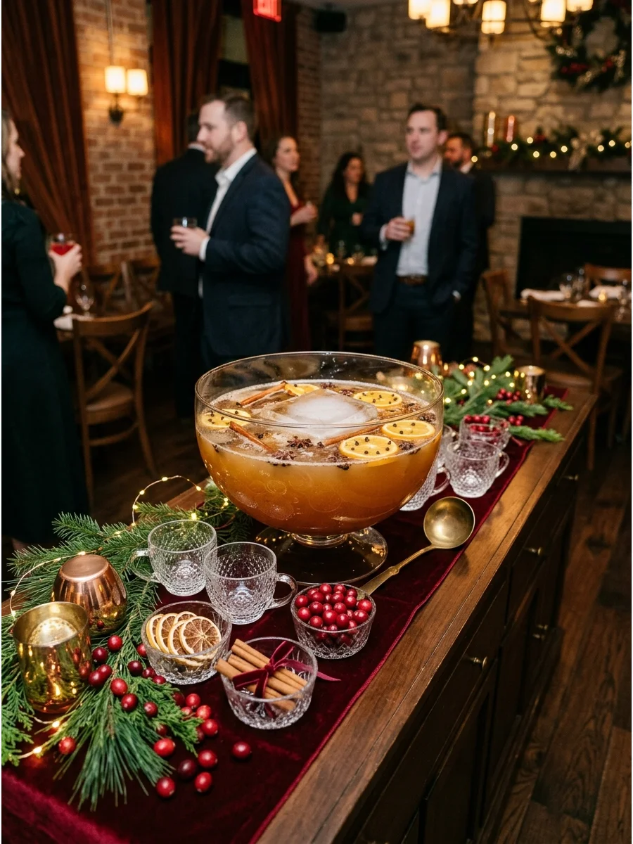 Large batch apple cider bourbon punch in a glass bowl.