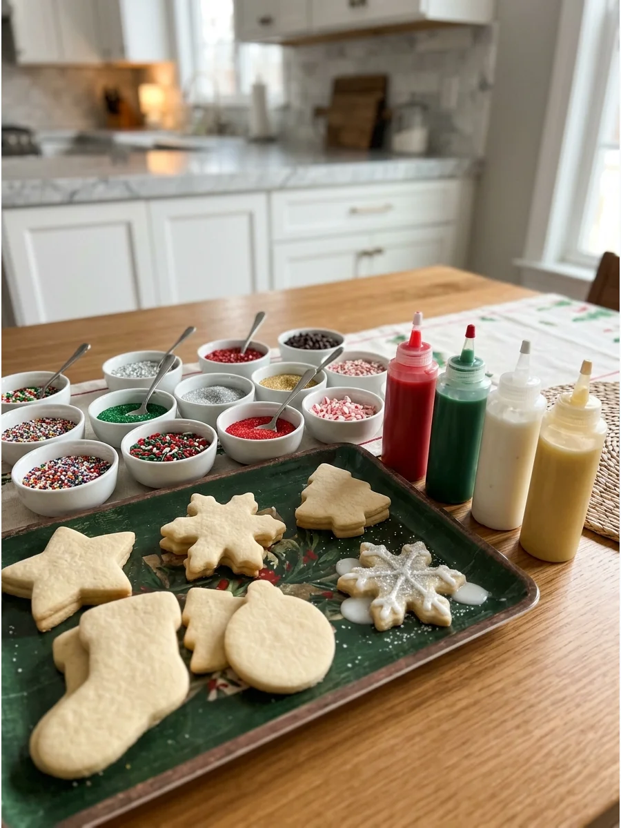 Undecorated sugar cookies on a wooden table with icing bottles.