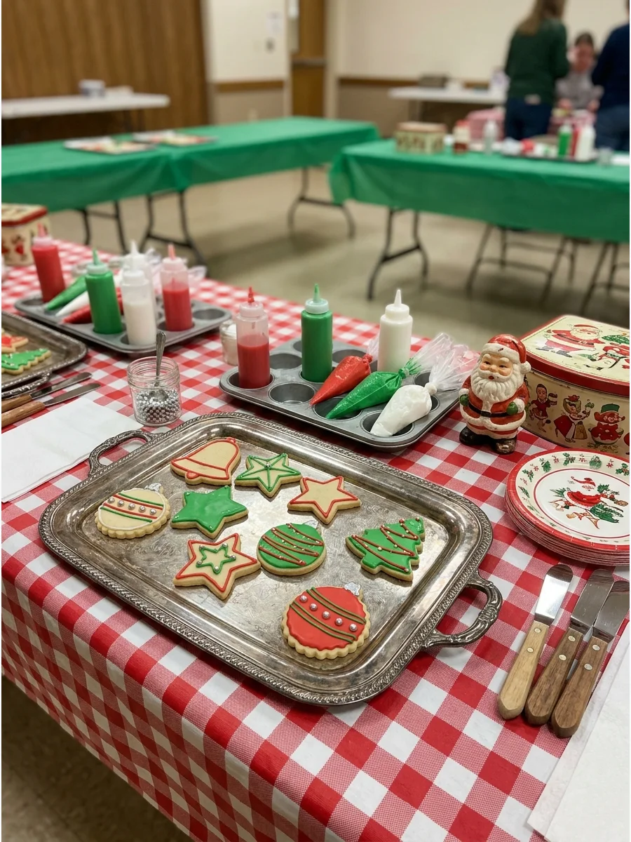 Retro ornament cookies and traditional icing on a silver tray.