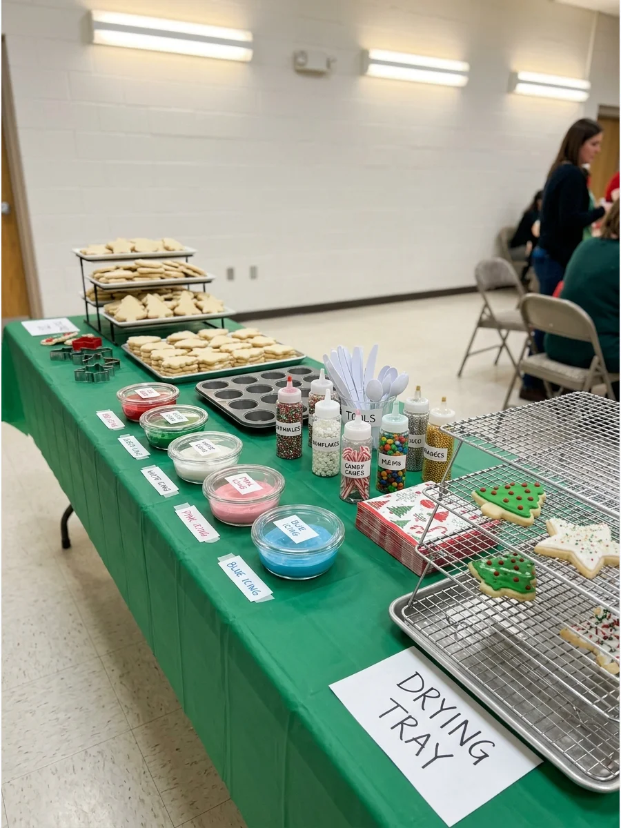 A long table with undecorated cookies and bowls of icing in a community center.