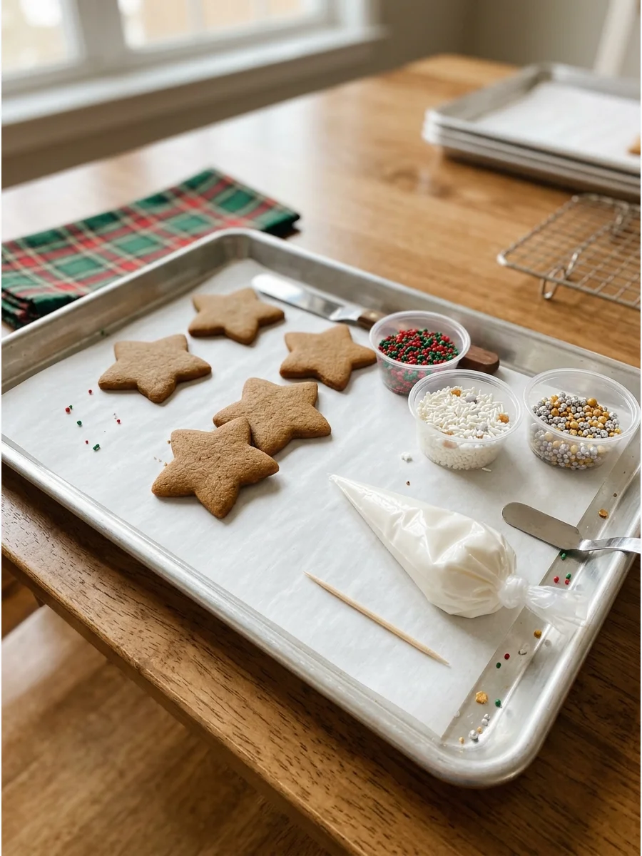 Individual silver trays on a dining table with star cookies and sprinkles.