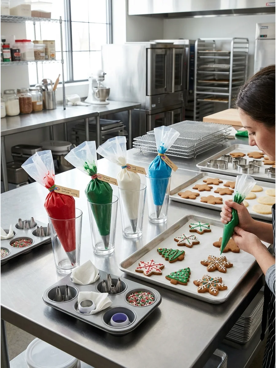 Piping bags filled with red and green icing standing in glasses on a bakery table.