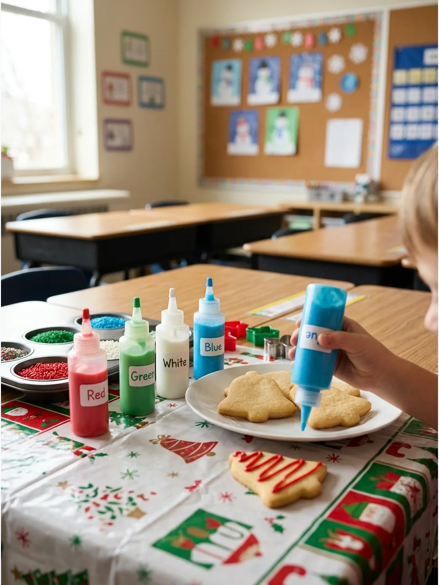 Plastic squeeze bottles and bell cookies on a school desk.