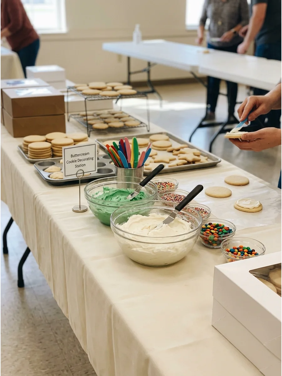 Bowls of festive buttercream frosting and small spatulas on a long table.