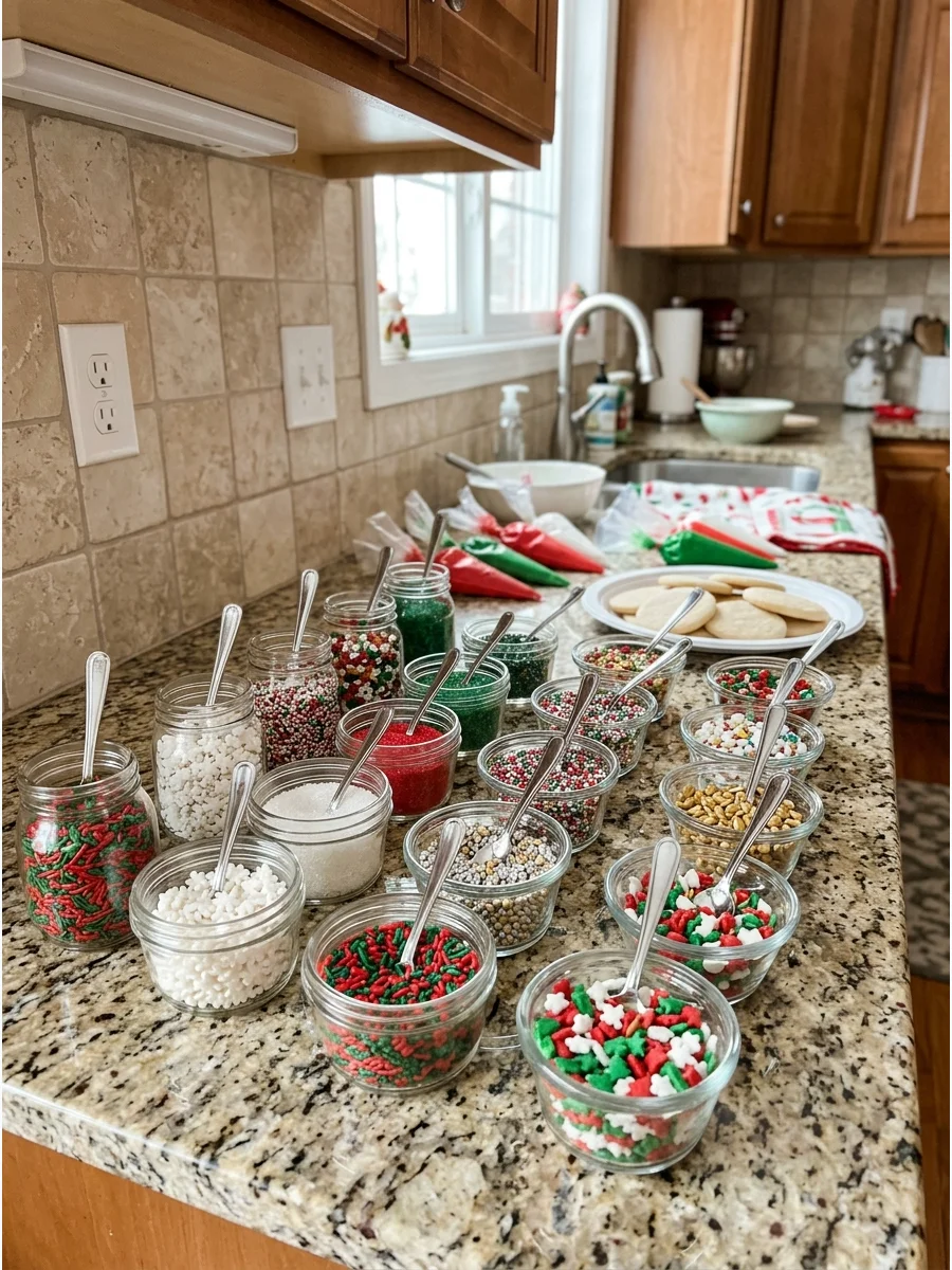 Glass jars of holiday sprinkles with silver spoons on a kitchen counter.