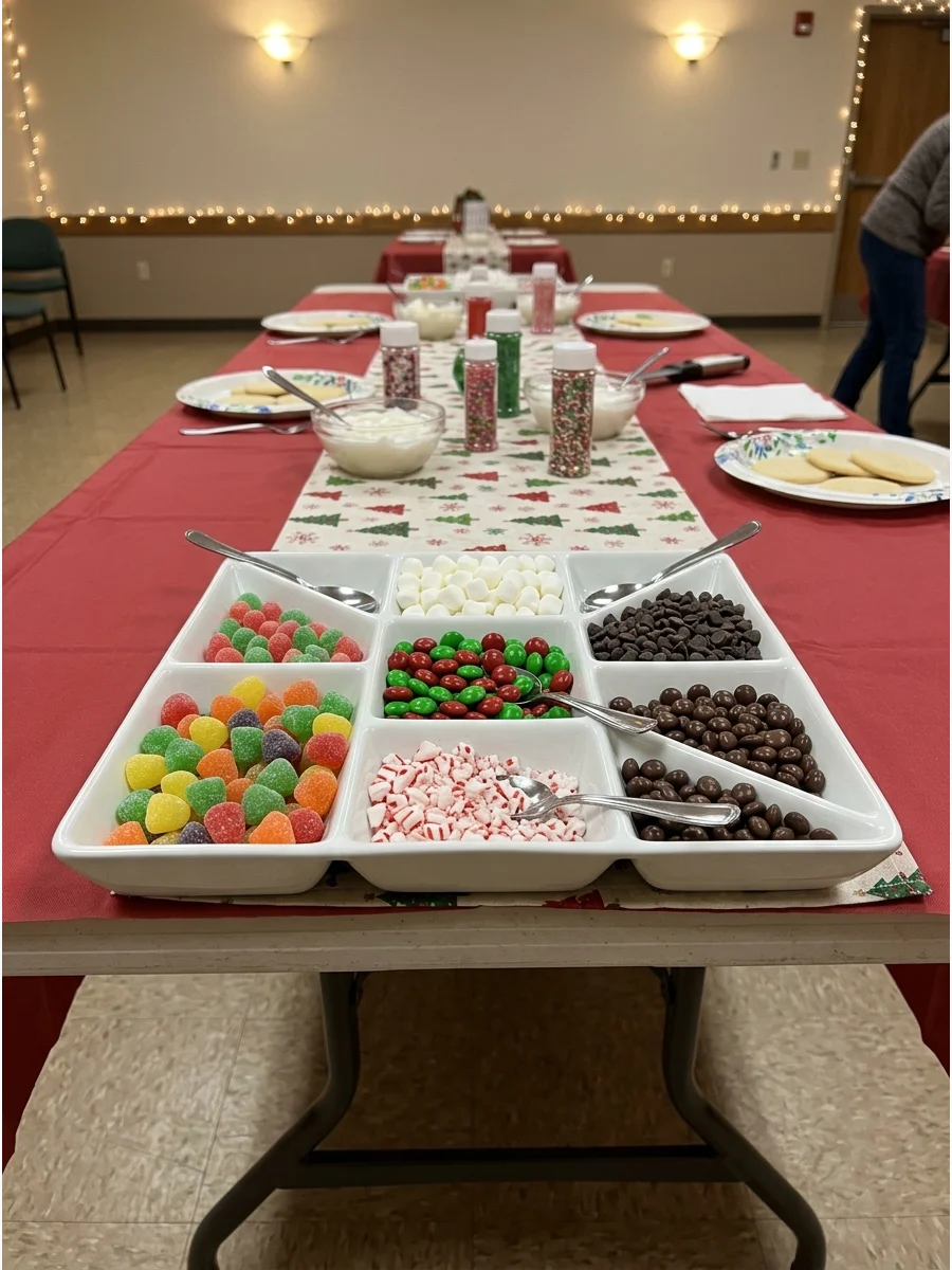 A divided tray with gumdrops and marshmallows for cookie decorating.