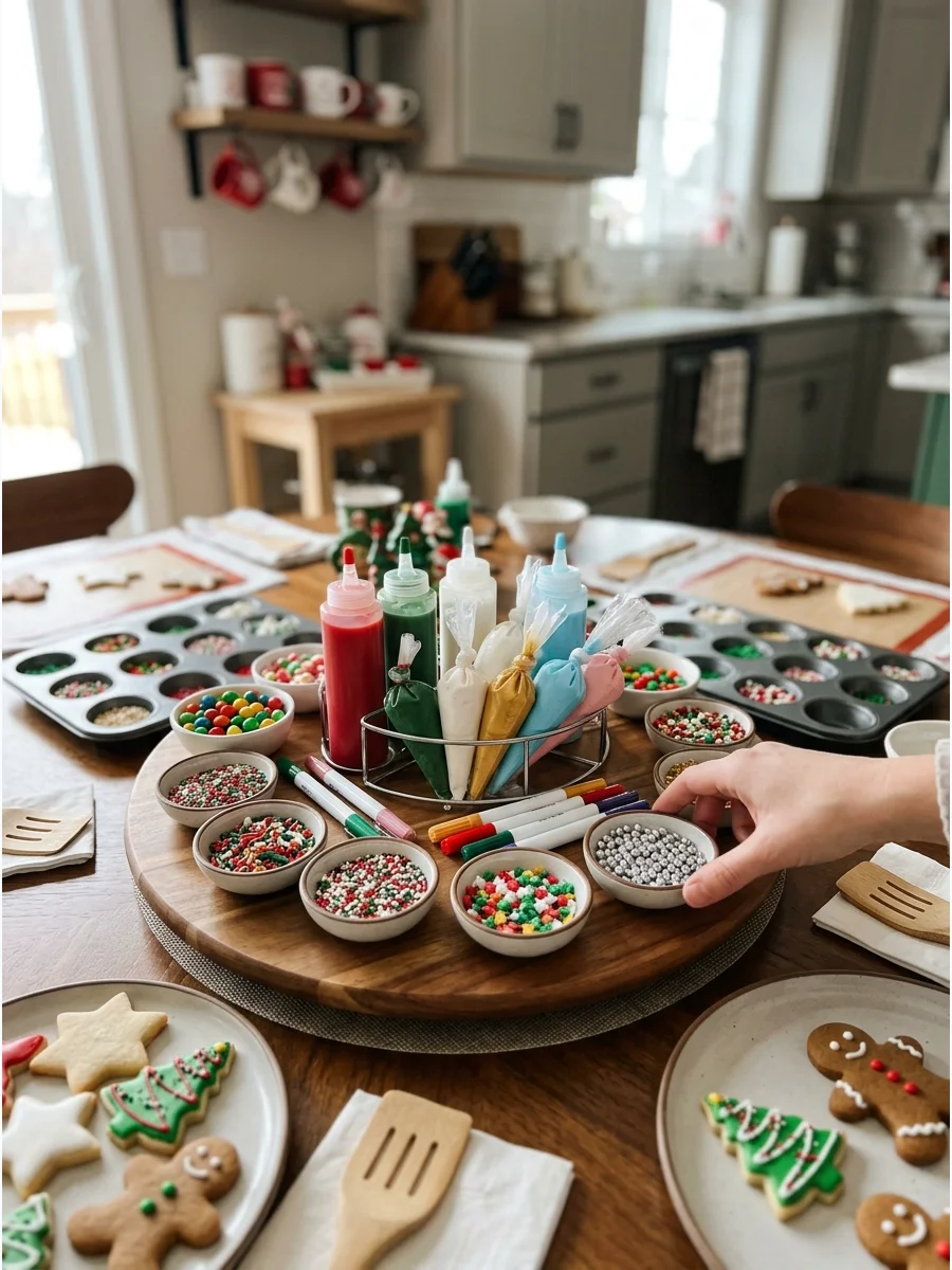 A rotating wooden tray with cookie decorating supplies on a dining table.