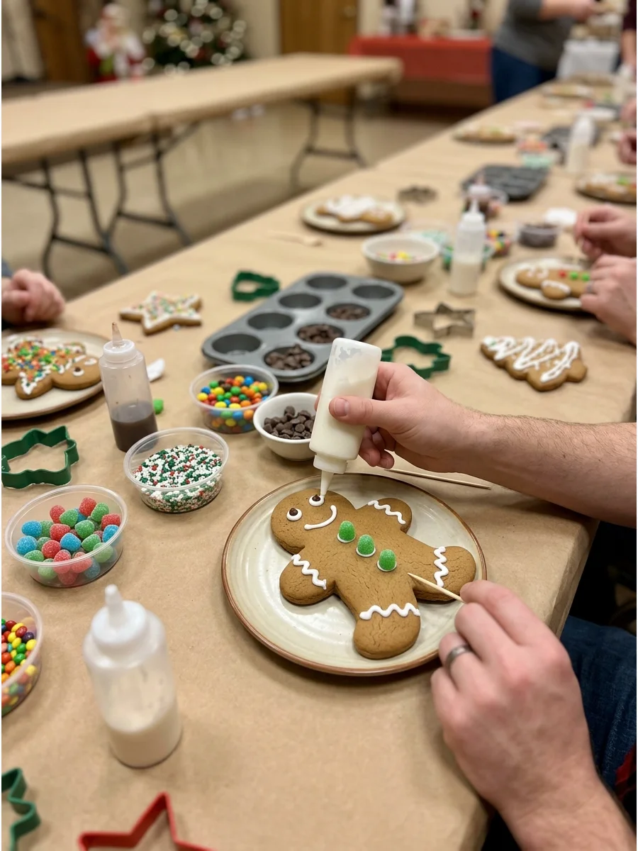 Gingerbread men cookies on a long table with white icing and candies.