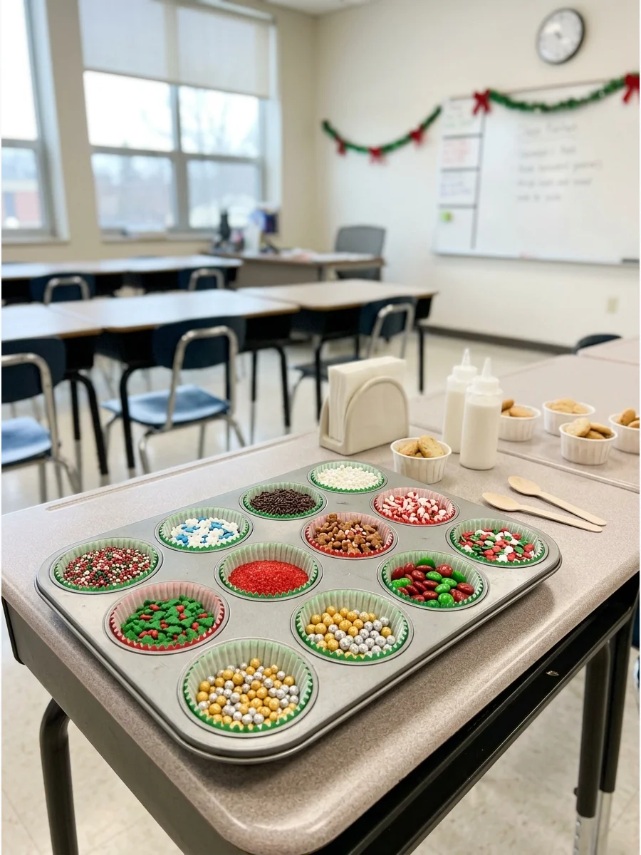 A muffin tin used to hold different types of holiday sprinkles.