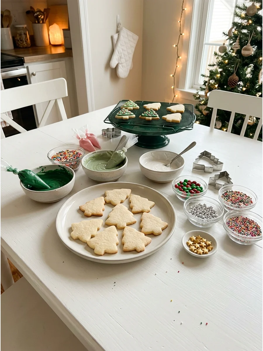 Green Christmas tree cookies with gold star toppers and colorful sprinkle ornaments on a wooden table.