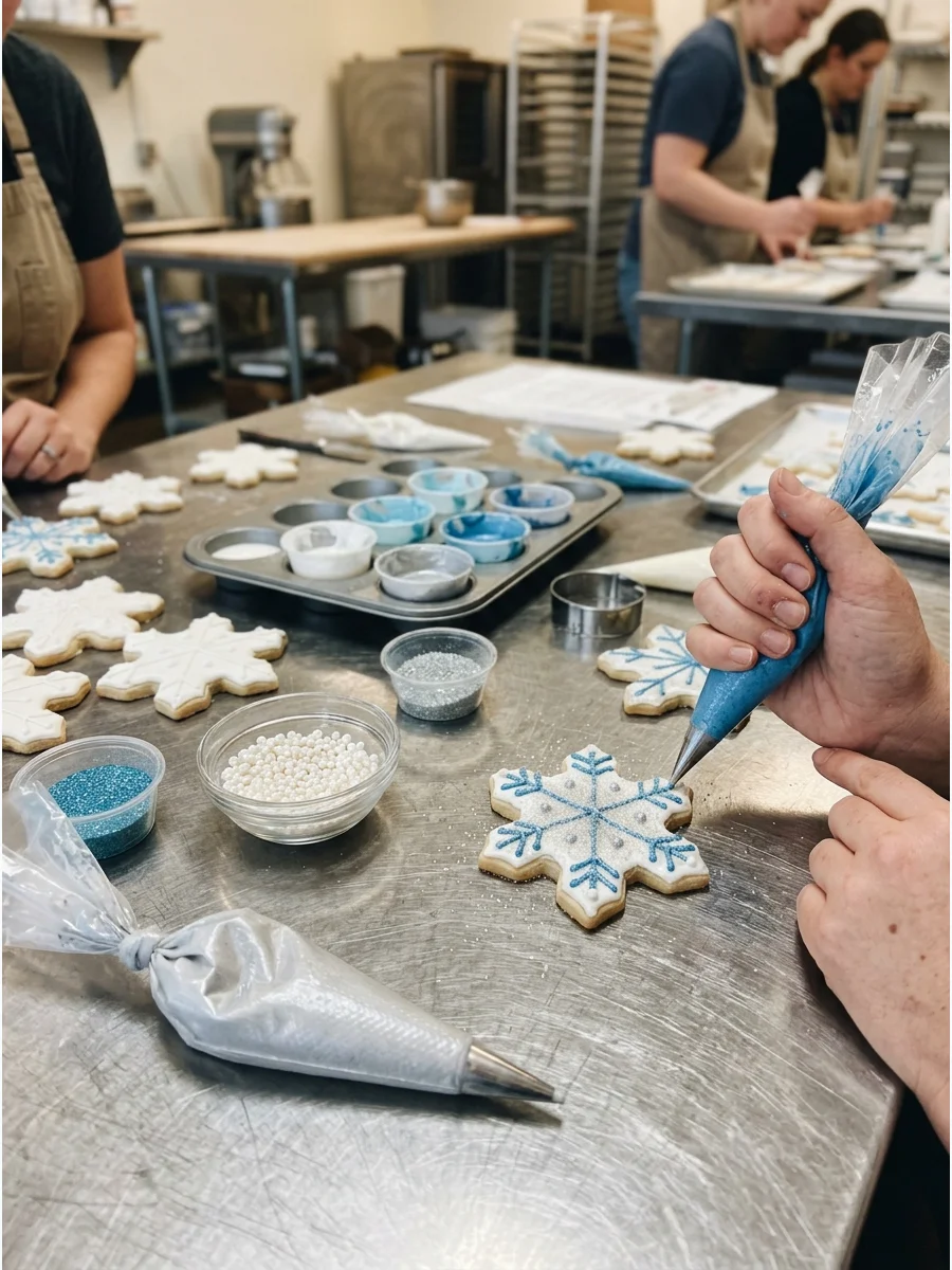 Intricate white and blue snowflake cookies with edible glitter on a professional bakery workstation.