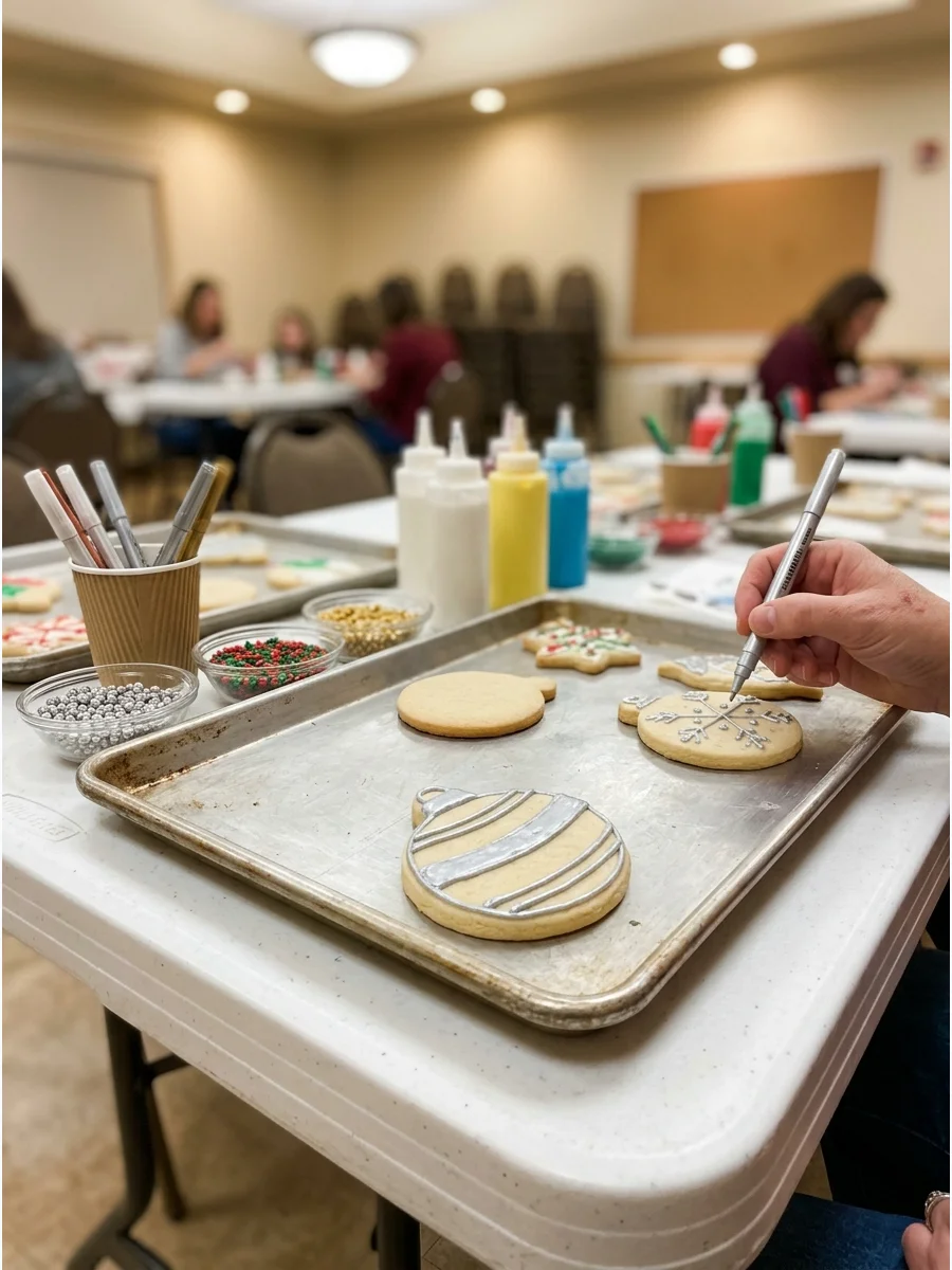 Colorful round ornament cookies with metallic silver stripes and polka dots on a serving tray.