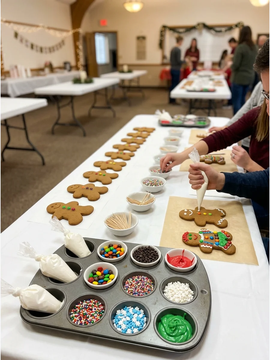 Gingerbread man cookies decorated with white icing smiles and colorful gumdrop buttons.