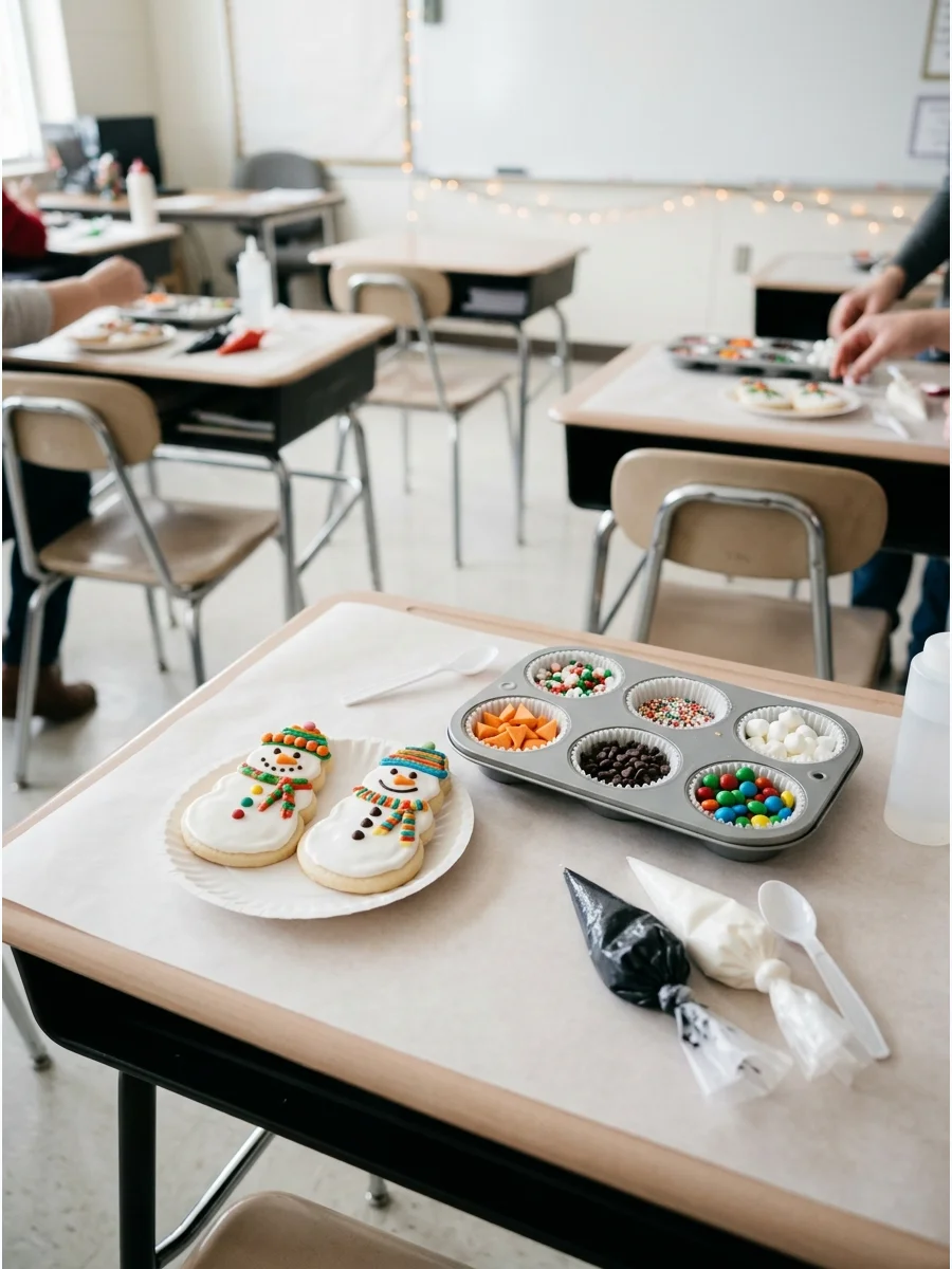 Snowman cookies with white royal icing, orange fondant noses, and chocolate chip eyes.