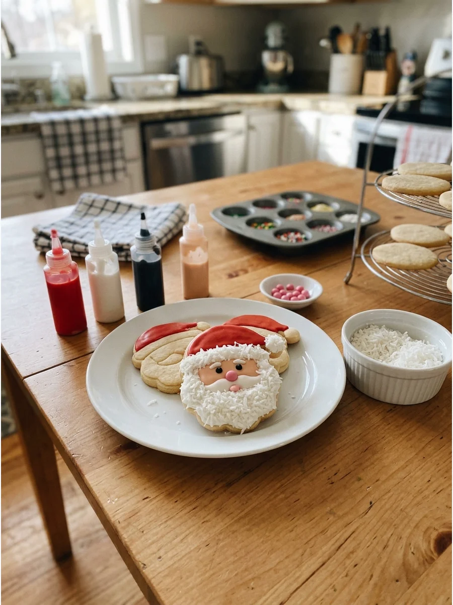 Santa face cookies with red icing hats and textured white coconut beards on a plate.