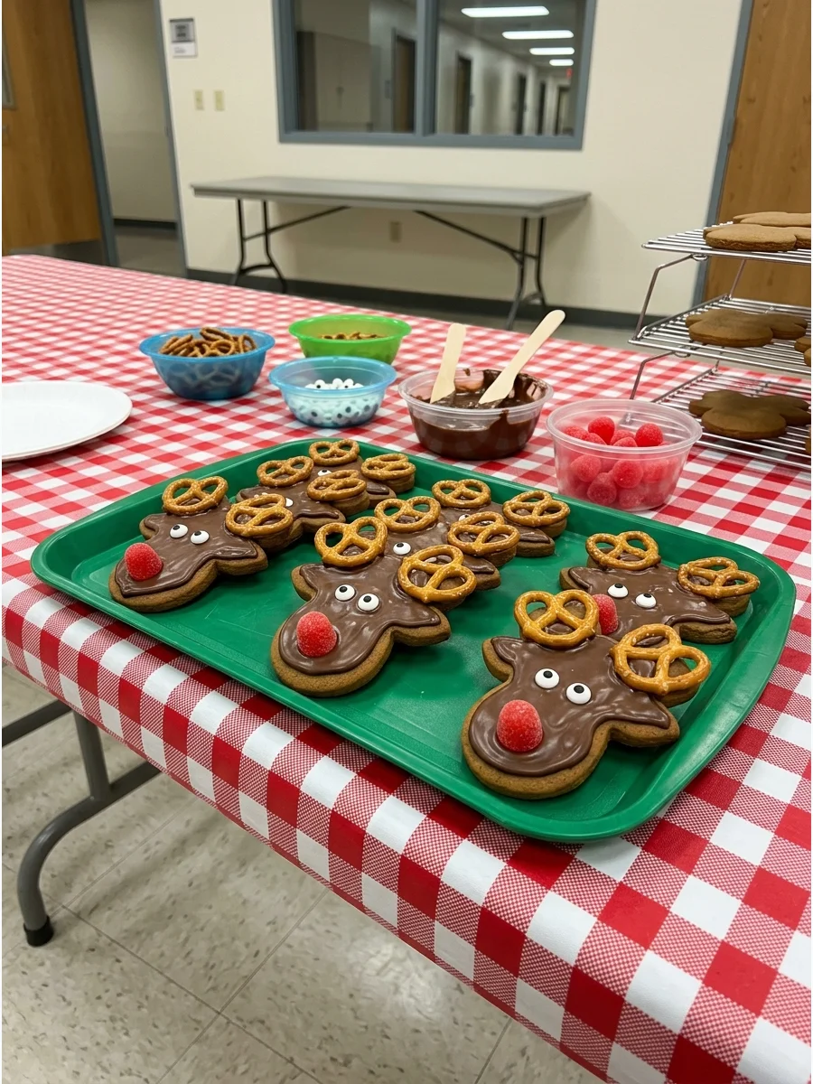 Chocolate-covered round cookies with pretzel antlers and bright red candy noses.