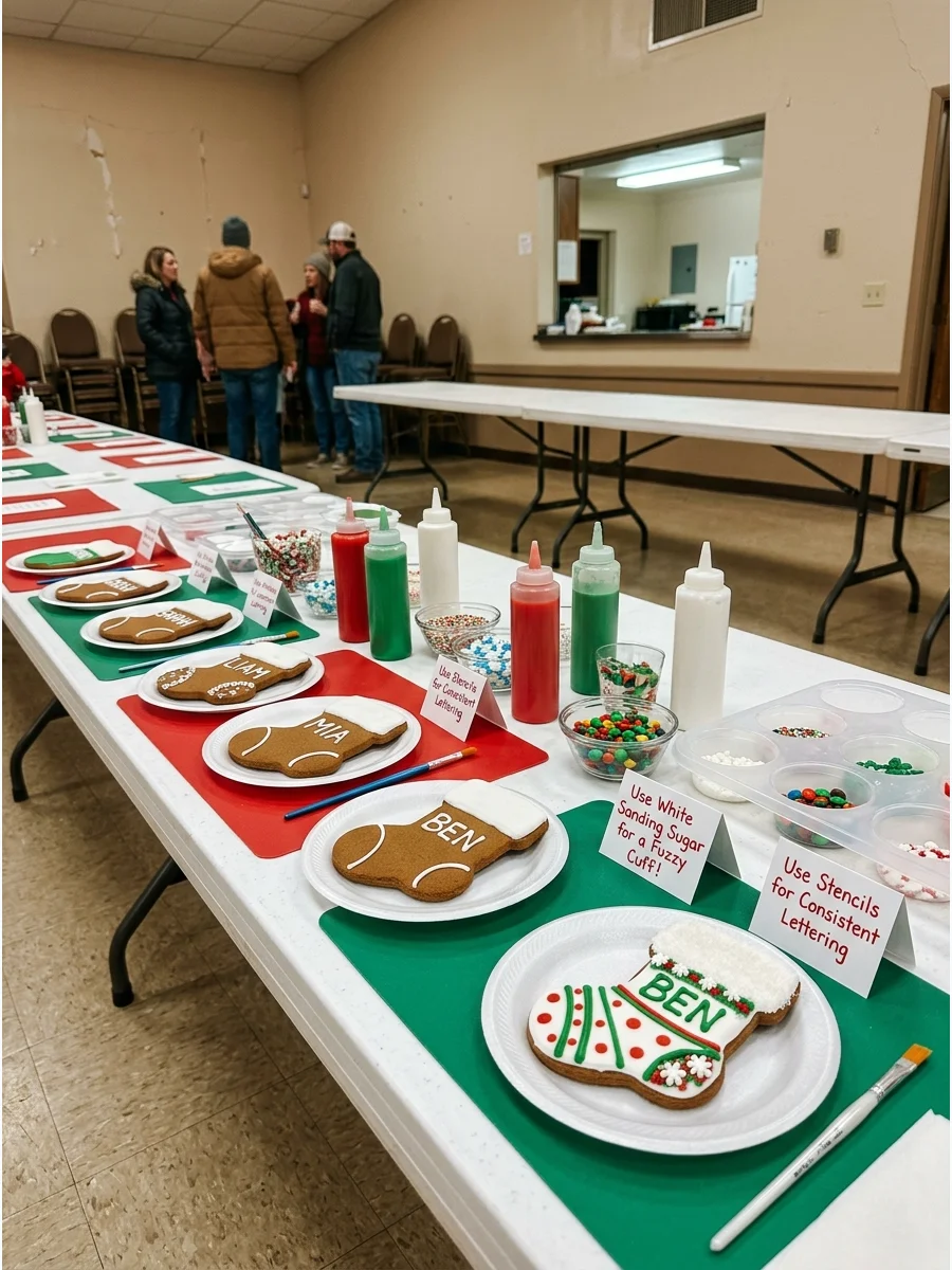 Red and green stocking cookies with white icing cuffs and names written in script.