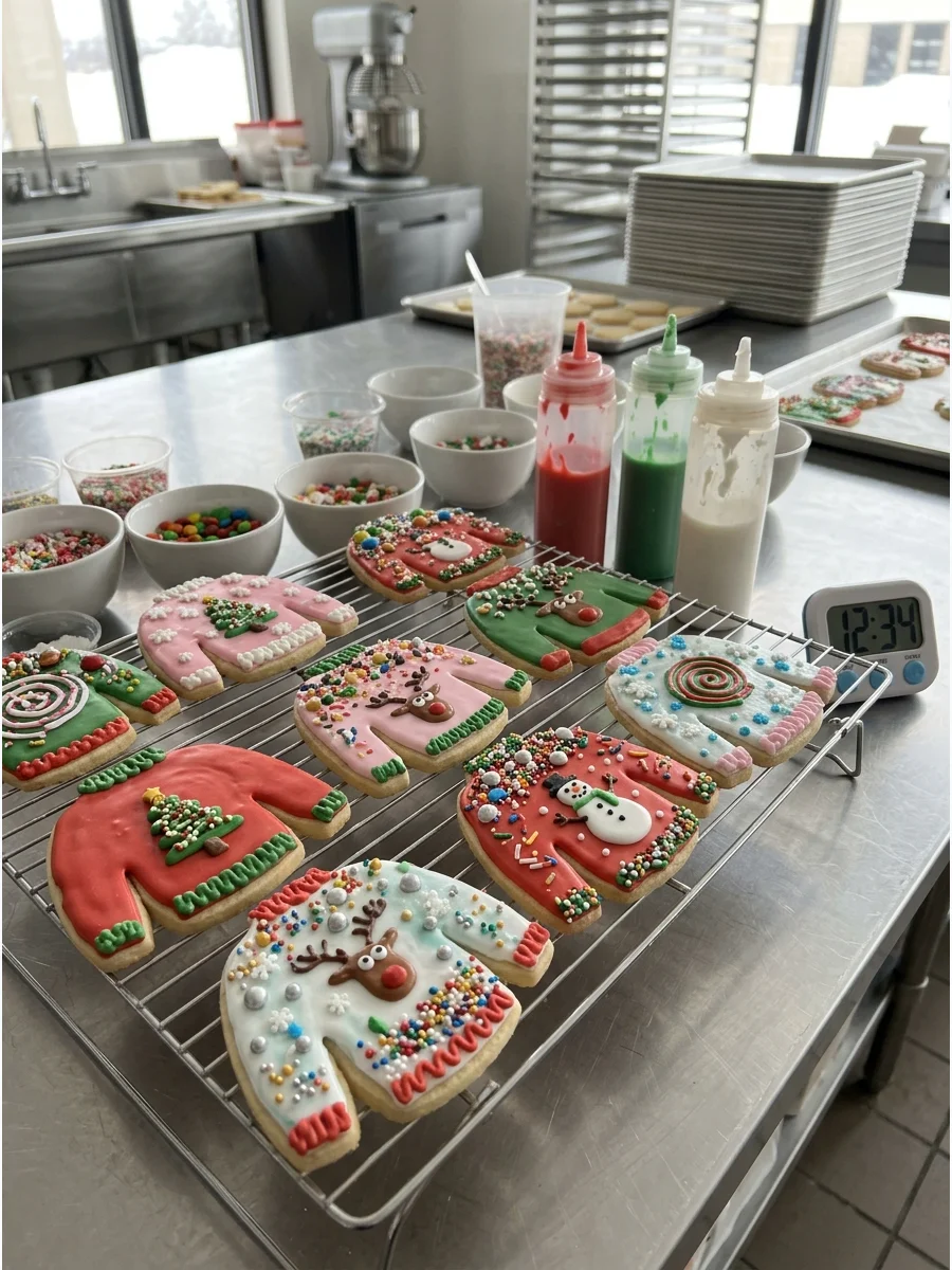 Sweater-shaped cookies with intentionally messy and bright icing patterns and excessive sprinkles.