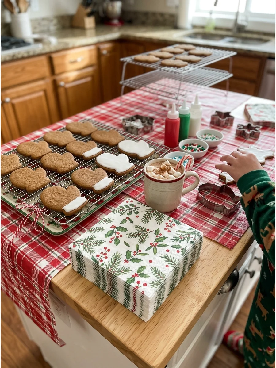 Mitten cookies and napkins on a kitchen island for a pajama party.