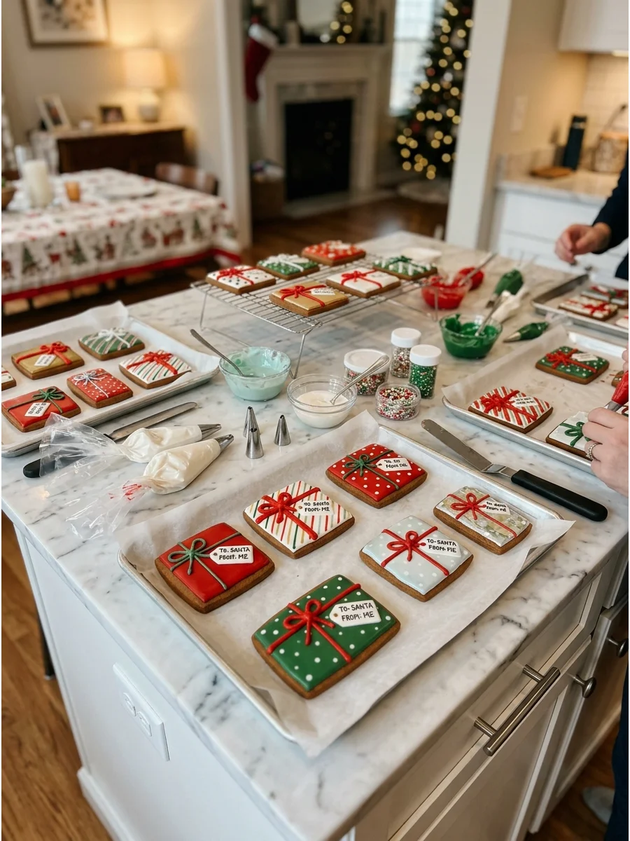 Square sugar cookies decorated to look like wrapped presents with piped icing ribbons and bows.
