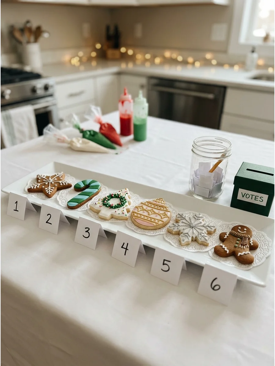 A line of decorated Christmas cookies on a white platter with numbered voting cards.
