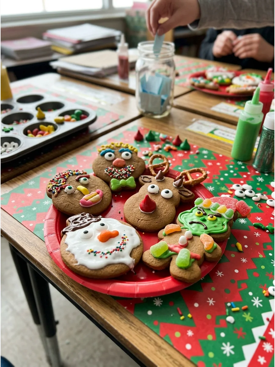 Funny Christmas cookies with candy faces on a decorated school desk.