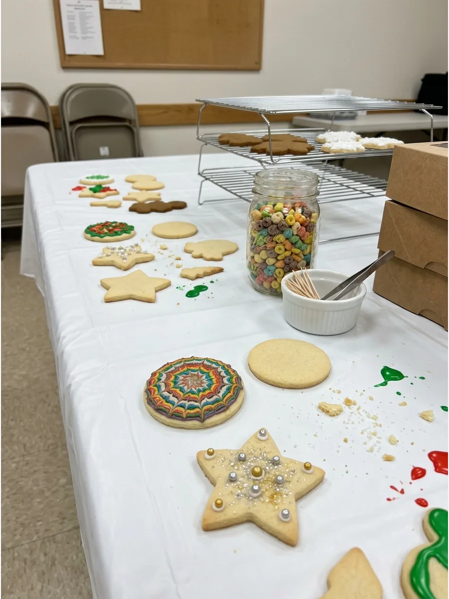 Creative Christmas cookies with unique cereal toppings on a community center table.