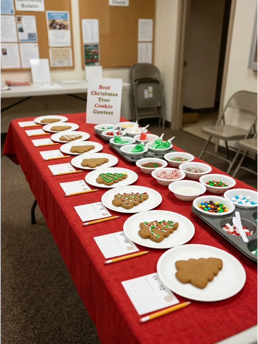 A variety of decorated Christmas tree cookies on a red tablecloth.