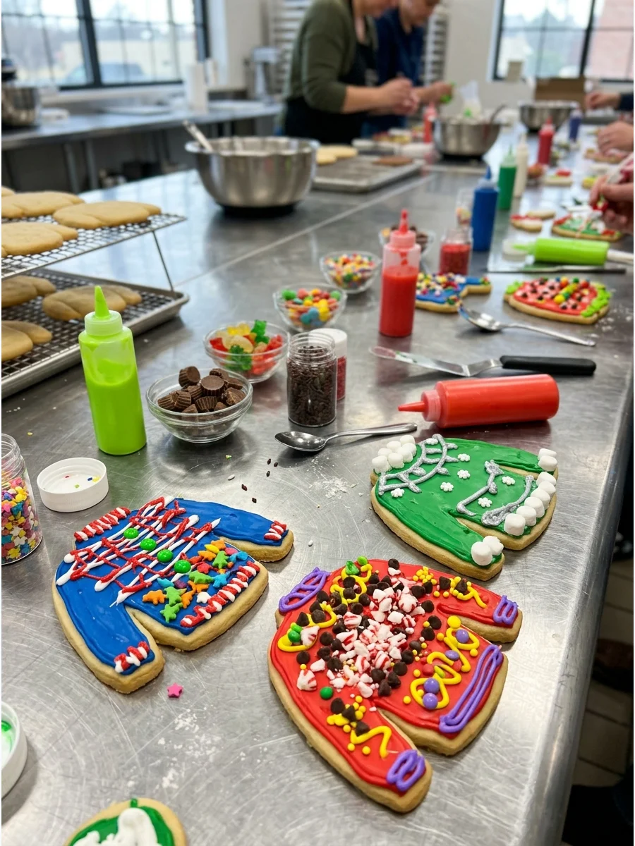 Ugly Christmas sweater cookies with clashing icing colors on a bakery counter.