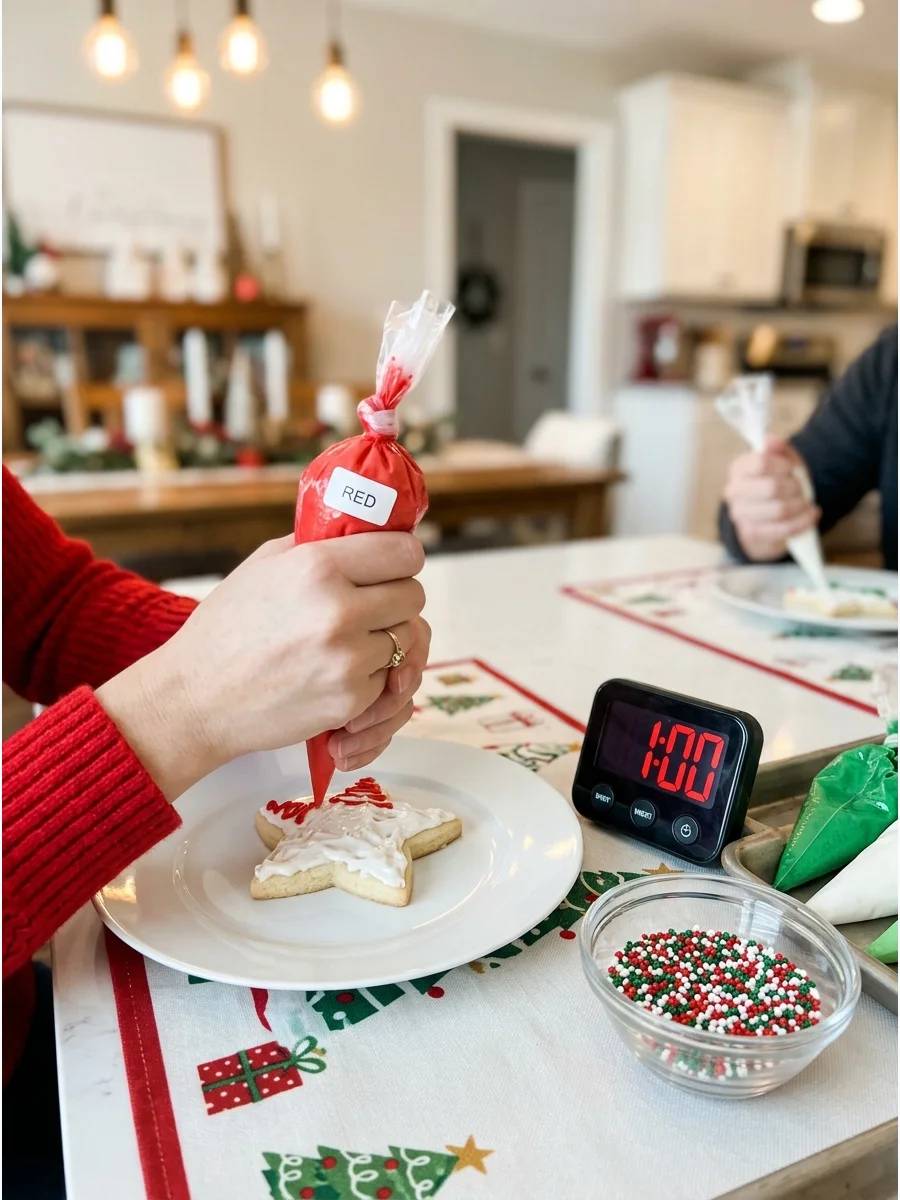 A kitchen timer next to a star cookie being decorated with icing.