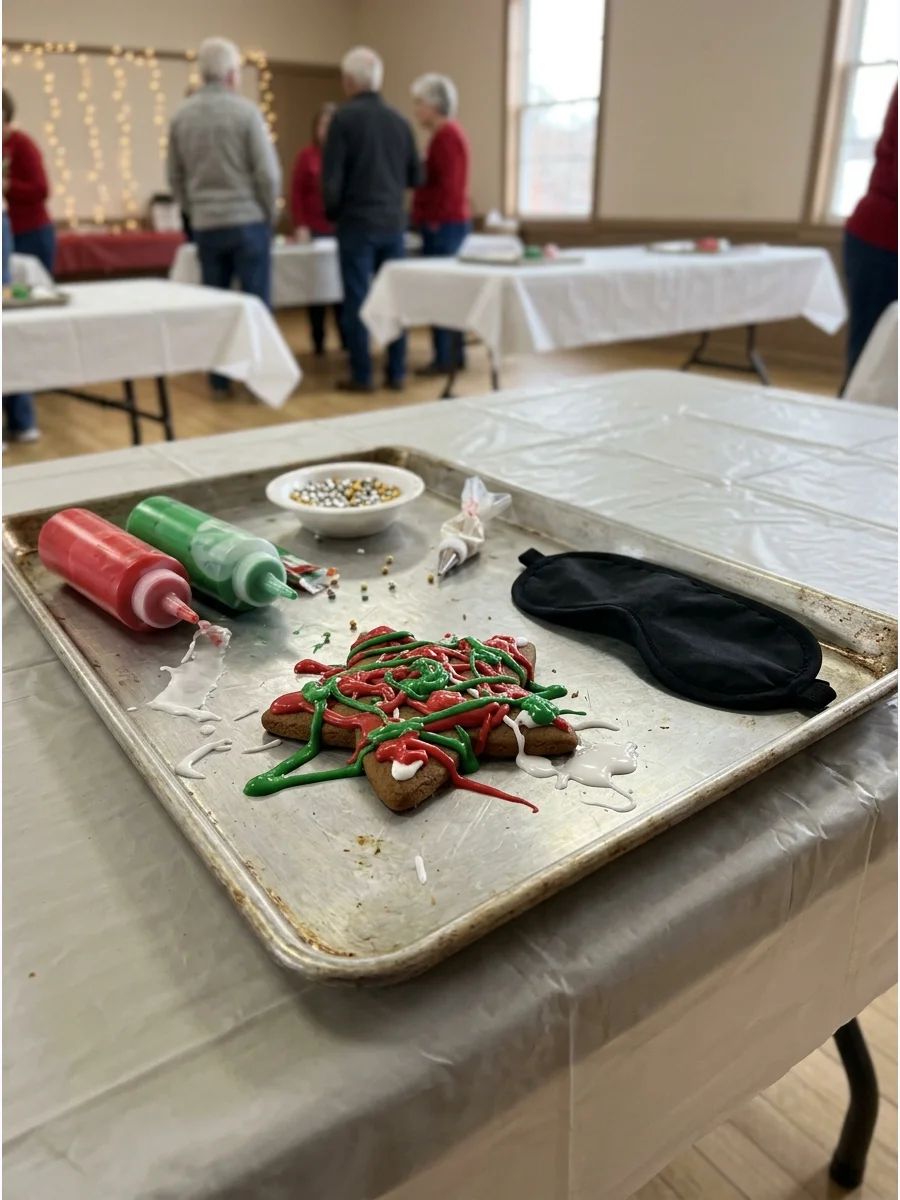 A messy decorated cookie on a tray next to a black blindfold.