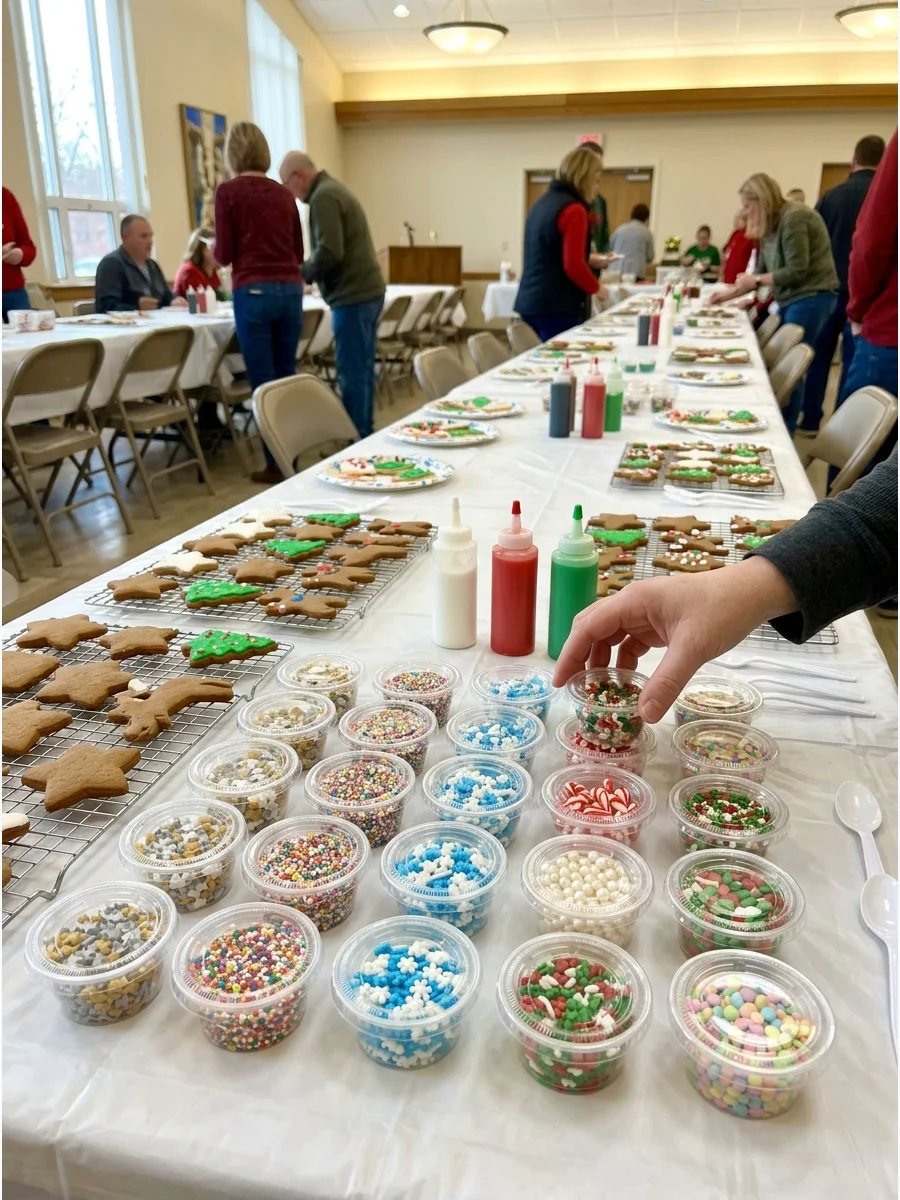 Cups of mystery sprinkles next to plain Christmas cookies on a table.