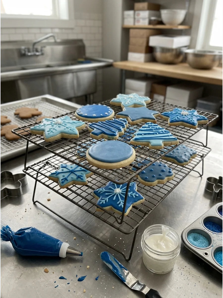 Christmas cookies decorated in various shades of blue icing.