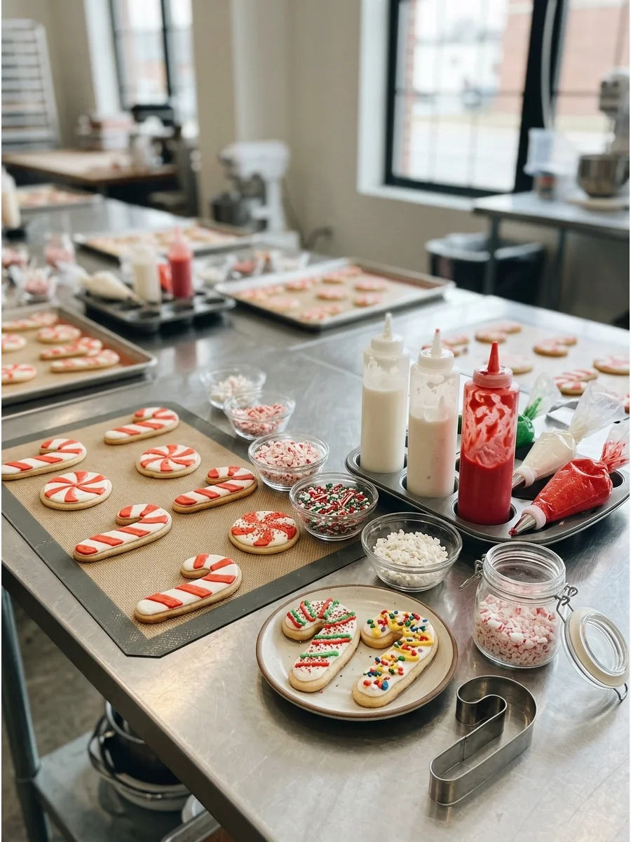 Candy cane cookies and red icing on a bakery counter.
