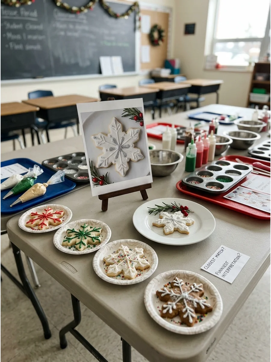 a snowflake cookie next to several hand-decorated versions.