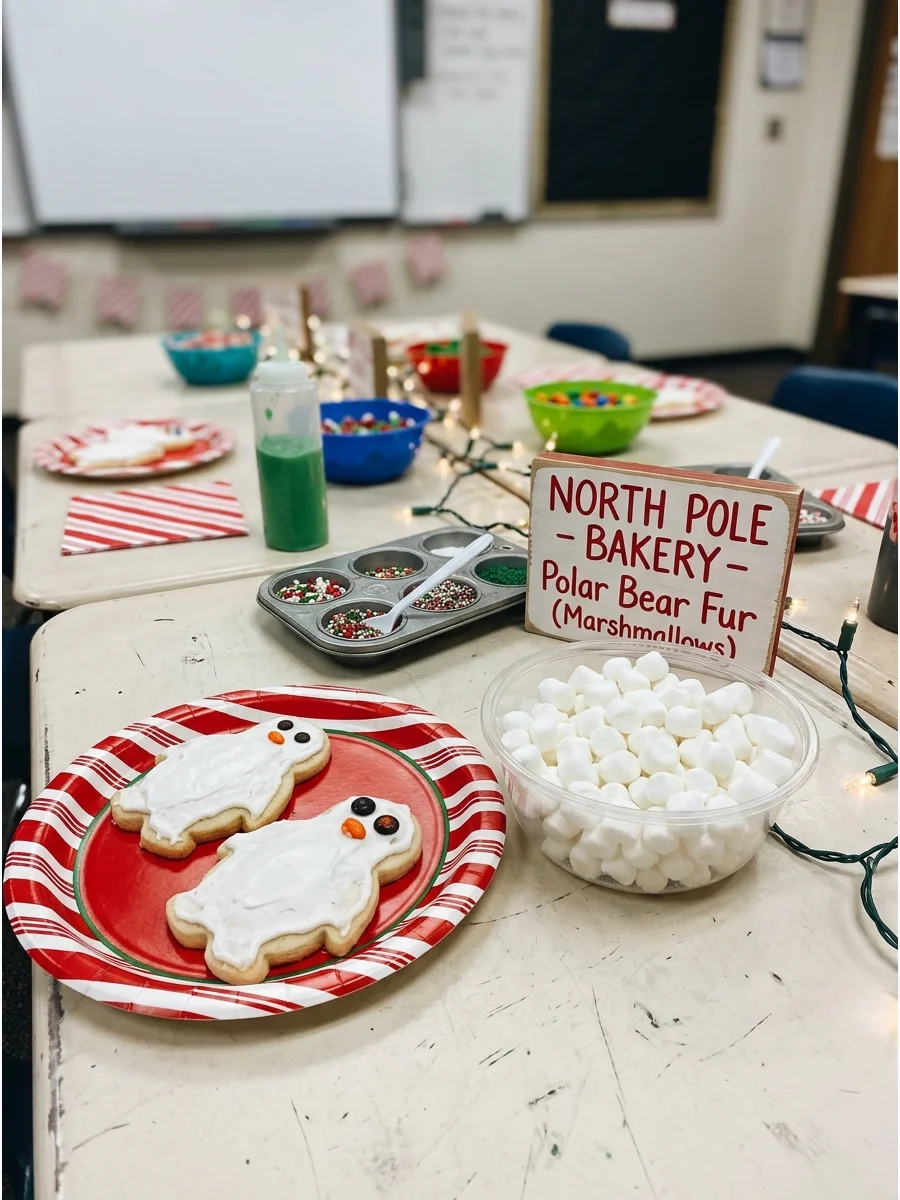 Penguin cookies and marshmallows on school desks for a holiday party.