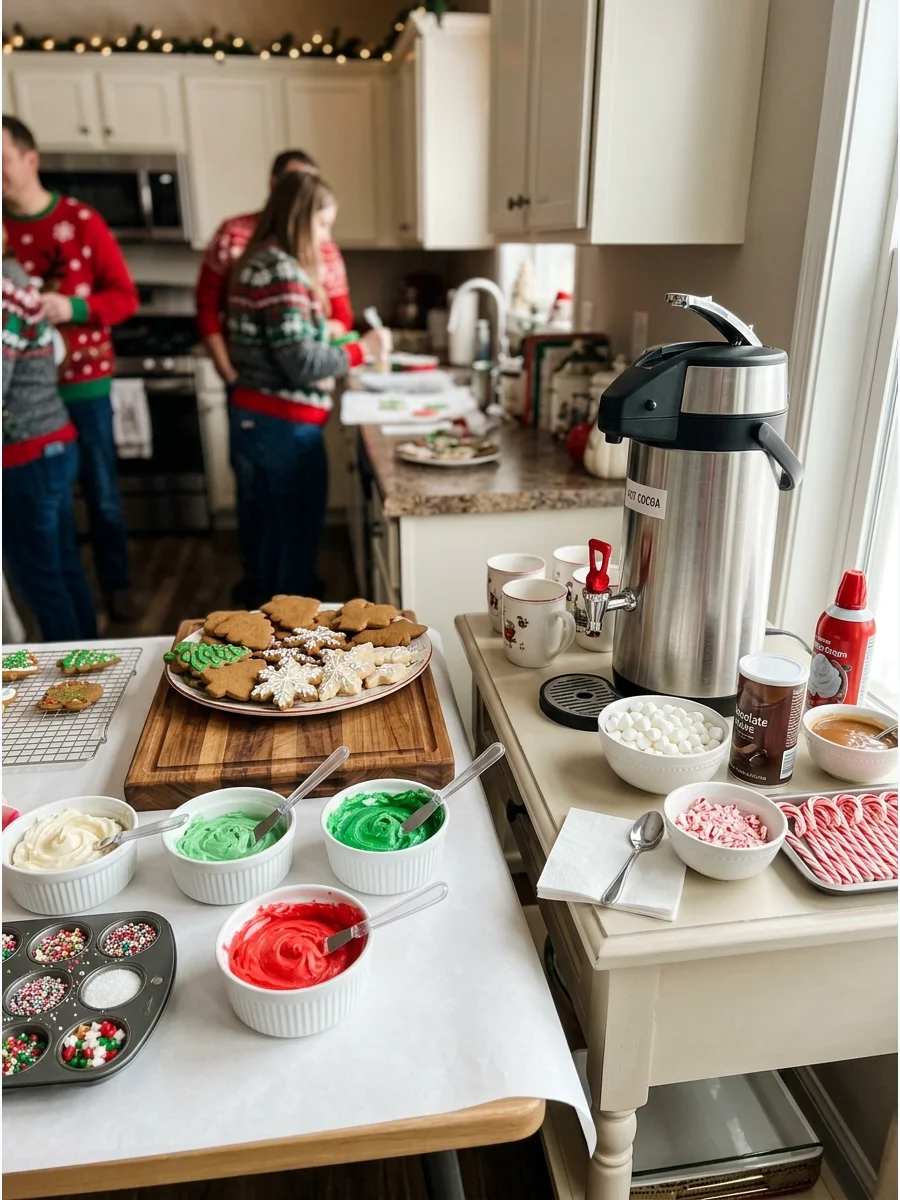 A hot cocoa station with marshmallows and festive mugs next to a plate of Christmas cookies.
