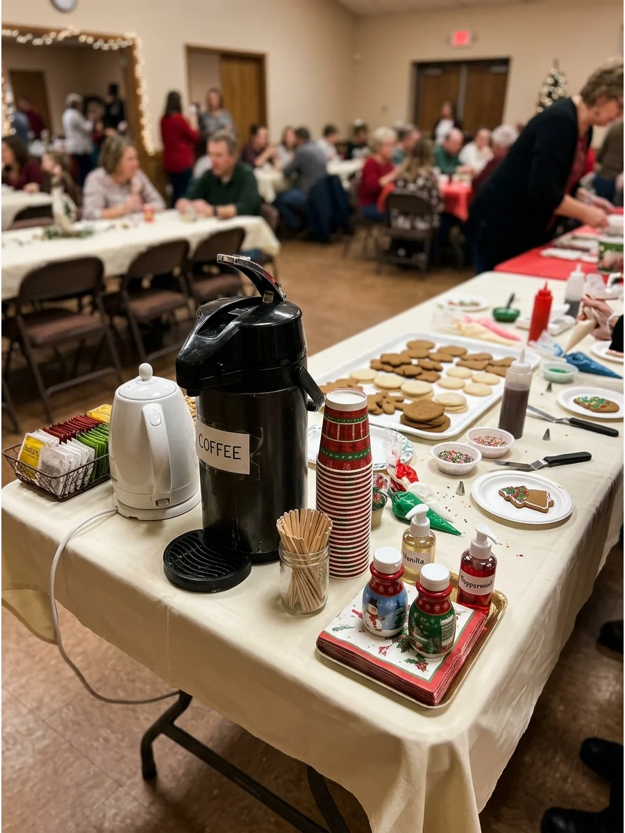 A coffee station with holiday creamers and paper cups on a long table in a church hall.