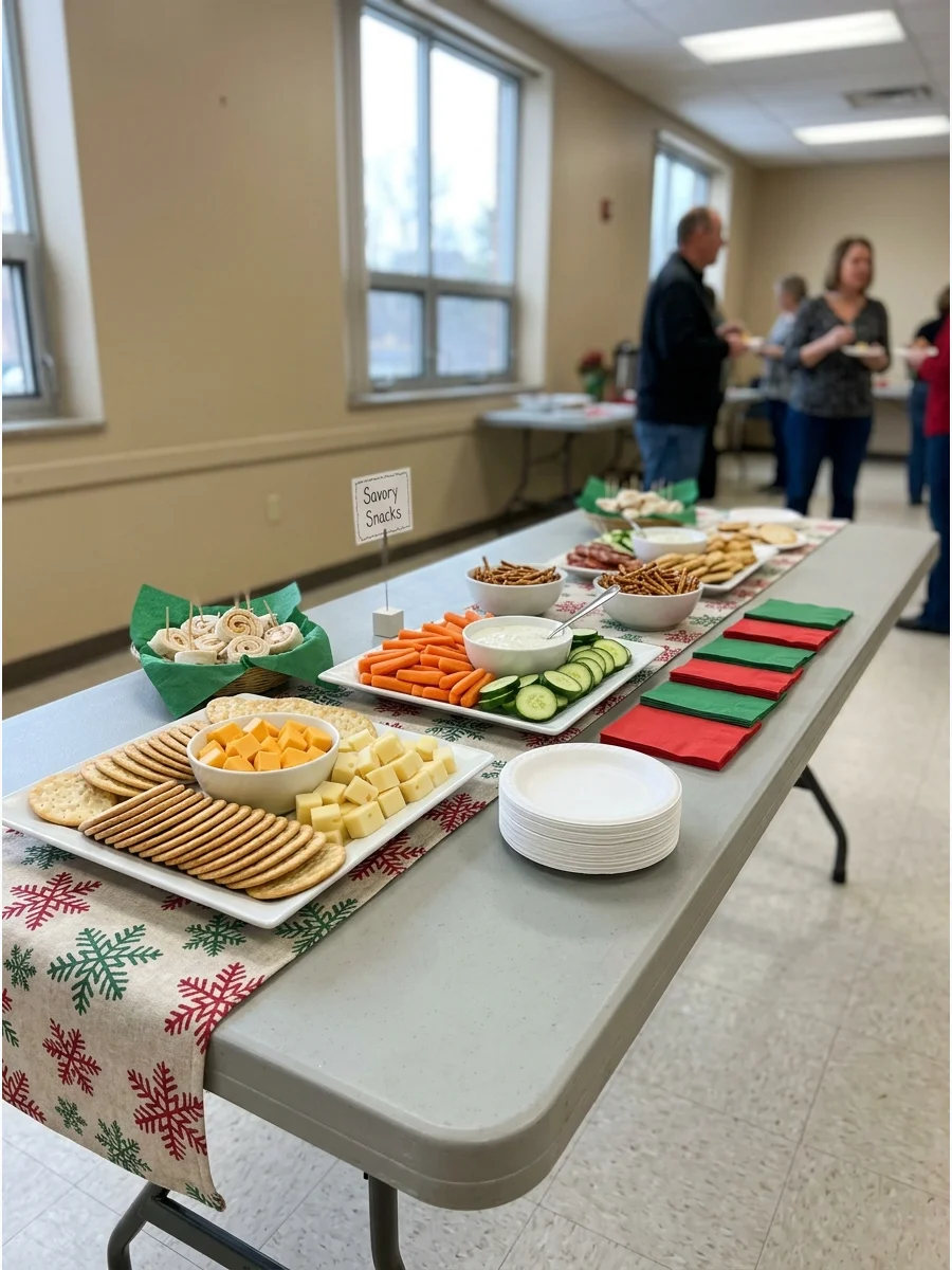 A savory snack table with cheese and vegetables in a community center room.