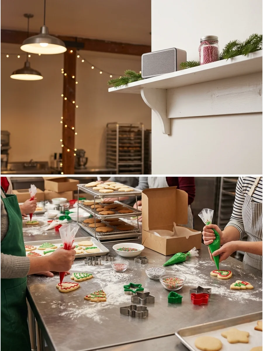 A speaker on a shelf overlooking a bakery workspace set up for cookie decorating.