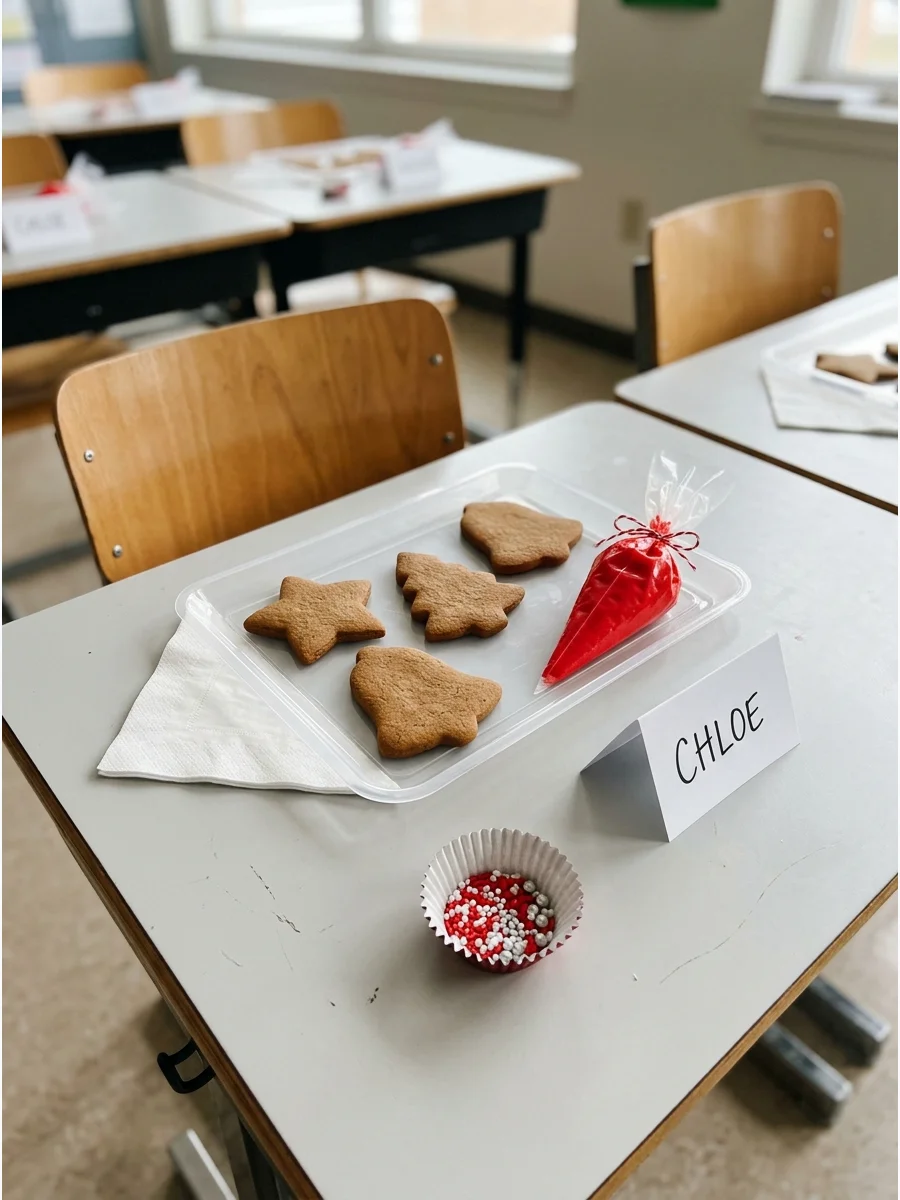 A personalized cookie decorating station on a school desk with a name card.
