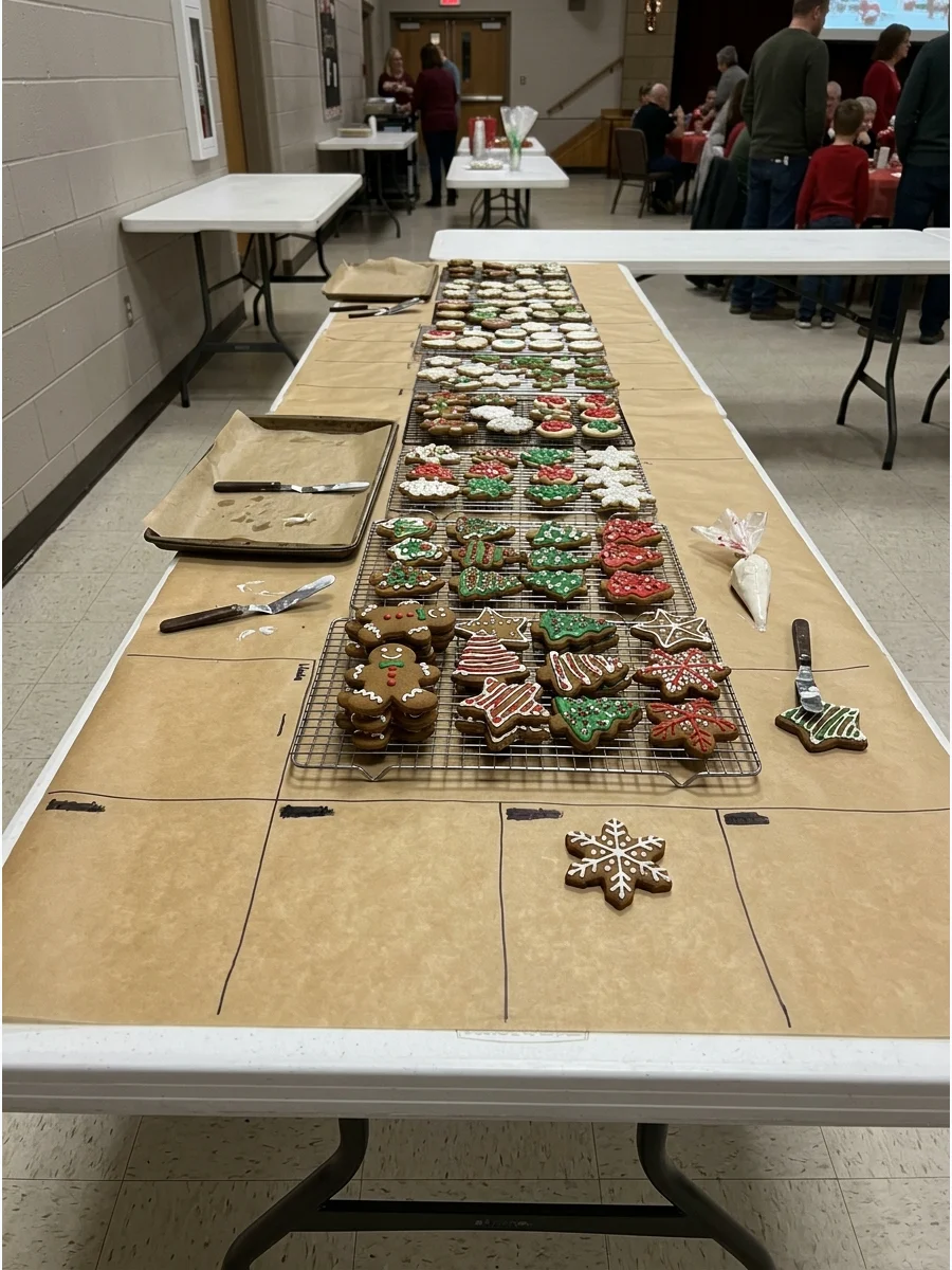 Rows of decorated cookies drying on parchment paper on a long folding table.