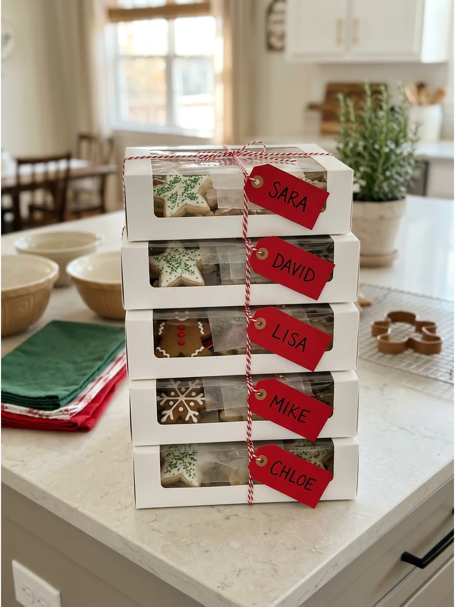 White bakery boxes with red name labels on a kitchen counter.