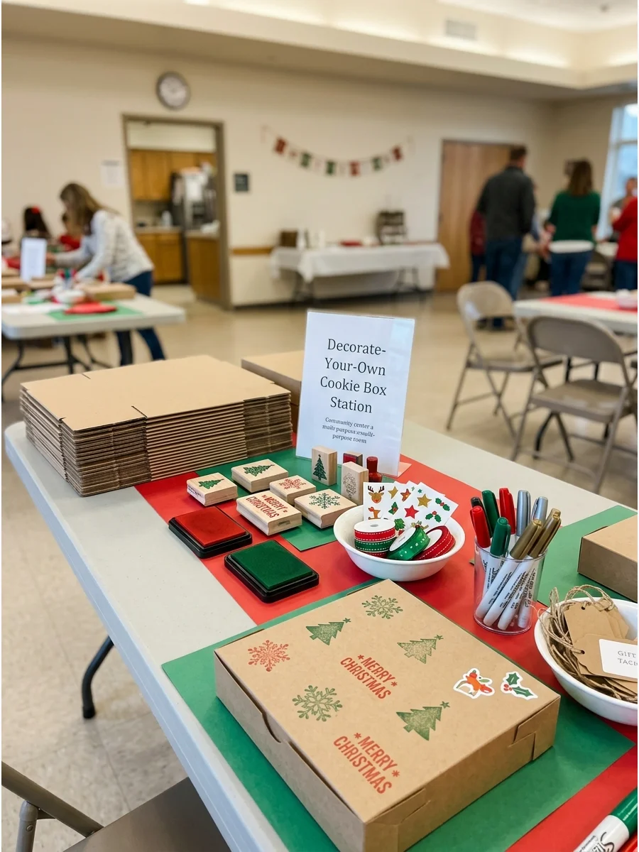 A craft station for decorating cookie boxes with stamps and stickers.
