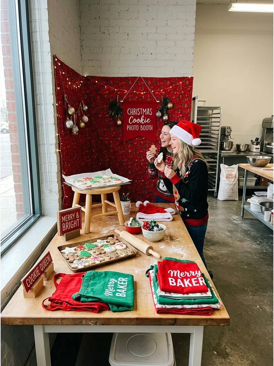 A festive photo booth area with a tray of cookies and holiday props.